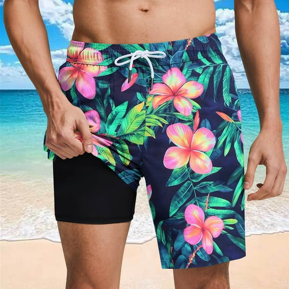 Jjayotai Mens George Shorts, Men's Swim Trunks with Compression Liner, Swim Shorts Stretch Quick Dry Bathing Suits with Pockets
