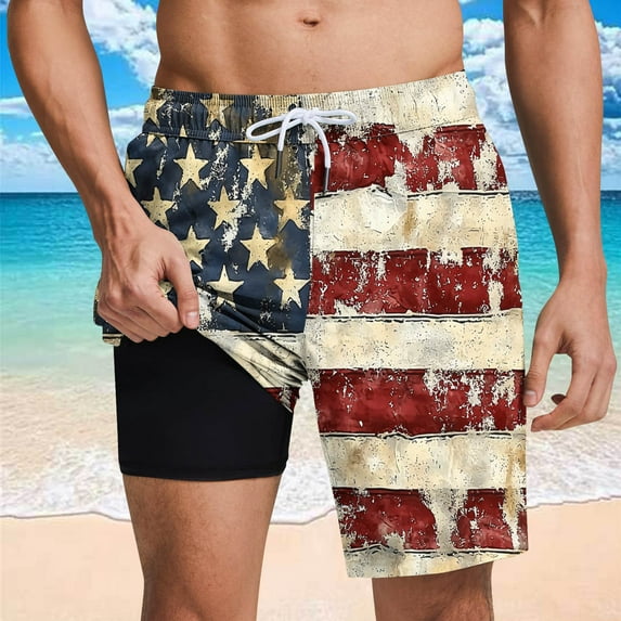 Jjayotai Mens George Shorts, Men's USA Flag Printed Shorts, Beach Shorts Lining Shorts with Compression Liner Pocket Elastic Waist Drawstring