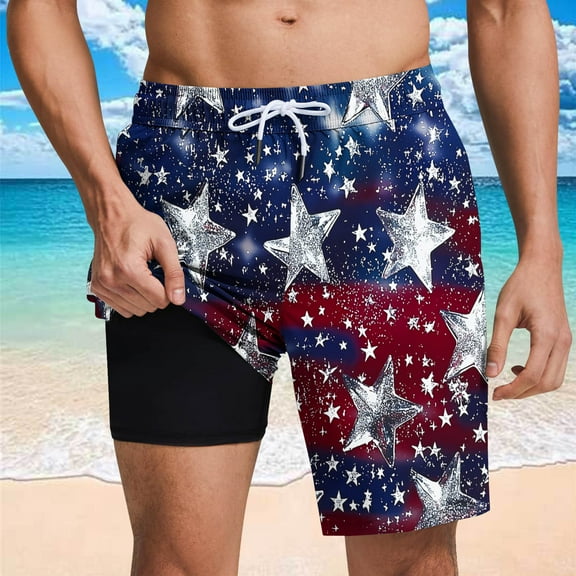 Jjayotai Mens George Shorts, Men's USA Flag Printed Shorts, Beach Shorts Lining Shorts with Compression Liner Pocket Elastic Waist Drawstring