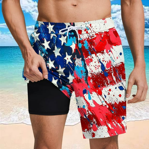 Jjayotai Mens George Shorts, Men's USA Flag Printed Shorts, Beach Shorts Lining Shorts with Compression Liner Pocket Elastic Waist Drawstring