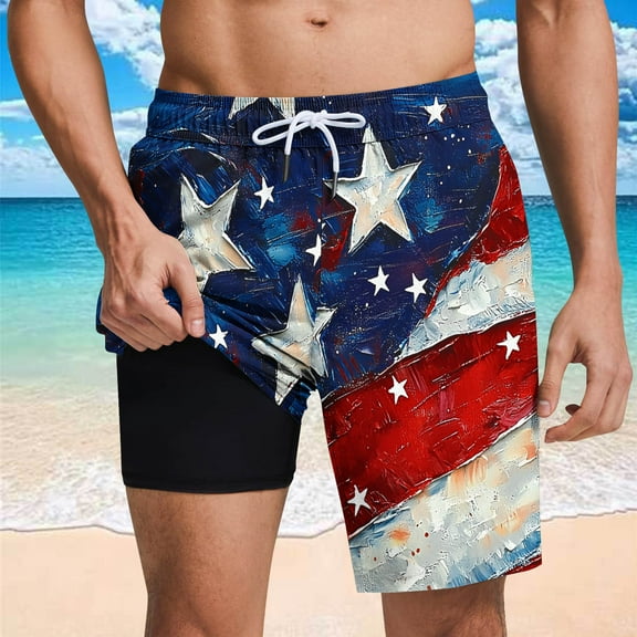 Jjayotai Mens George Shorts, Men's USA Flag Printed Shorts, Beach Shorts Lining Shorts with Compression Liner Pocket Elastic Waist Drawstring