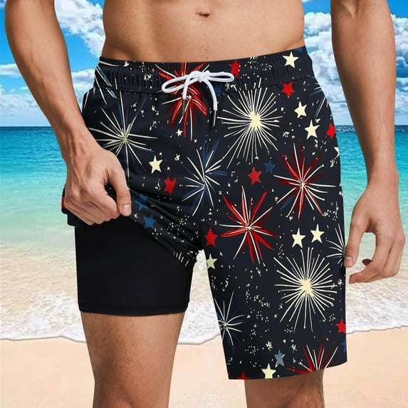 Jjayotai Mens George Shorts, Men's USA Flag Printed Shorts, Beach Shorts Lining Shorts with Compression Liner Pocket Elastic Waist Drawstring