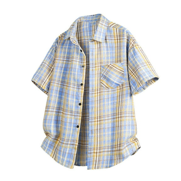 Jjayotai Mens George Tee Shirts, Men's Casual Short Sleeve Lapel Plaid Print Thin Button Down Shirt with Pocket, Graphic Tees for Men