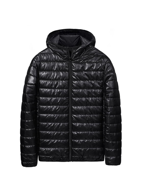 Mens Lightweight Puffer Jacket, Down Jackets with Hood, Zip Warm Packable Winter Hoodies Coats, Padded Bubble Outwear Black M