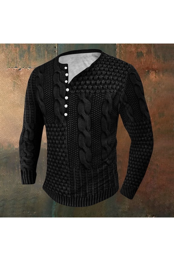 Mens Pullover Sweater Clearance, Casual Slim Fit Cable Knit Button Up Thermal Lightweight Winter Sweaters Knitwear Black XL