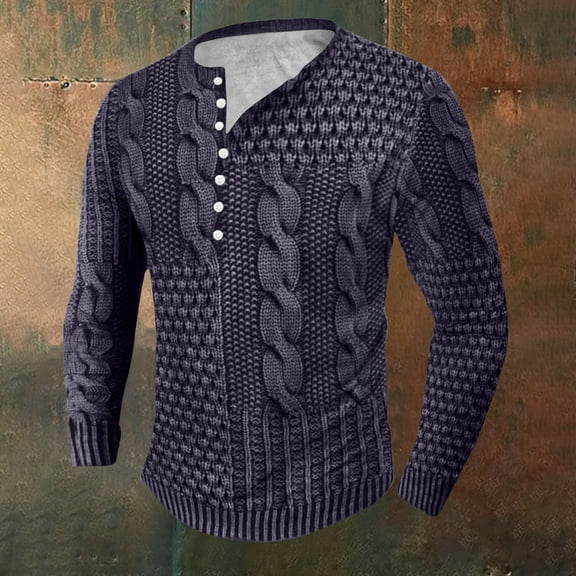 Jjayotai Mens Pullover Sweater Clearance, Casual Slim Fit Cable Knit Button Up Thermal Lightweight Winter Sweaters Knitwear Purple S