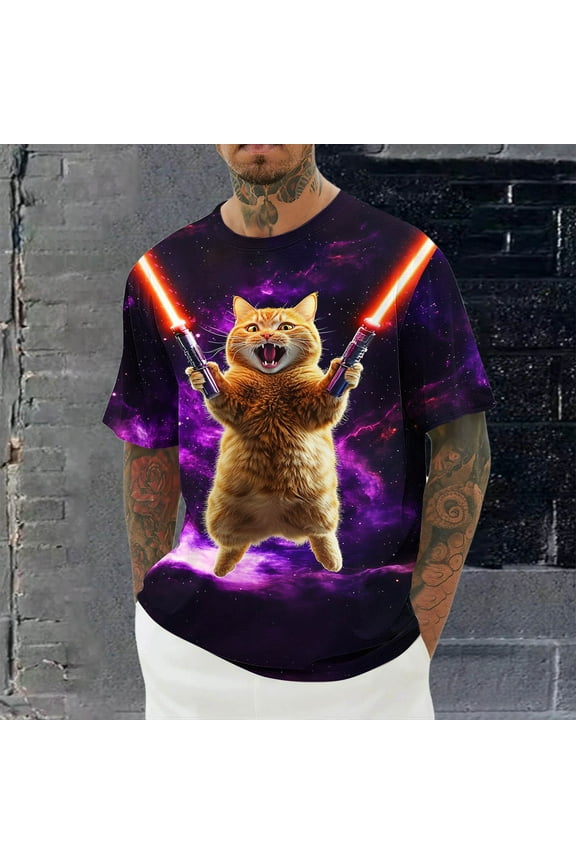 Mens Shirts, Funny Cat T Shirt for Men, Novelty Shirts 3D Print Graphic Short Sleeve Shirts for Men, Starry Night Tees, Men's Tee Hot Pink^ XXL