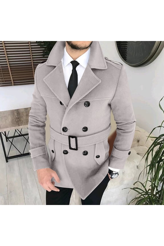 Mens Trench Coat Clearance, Slim Fit Wool Blends Business Lapel Belted Overcoat, Winter Casual Peacoat Jacket Gray S