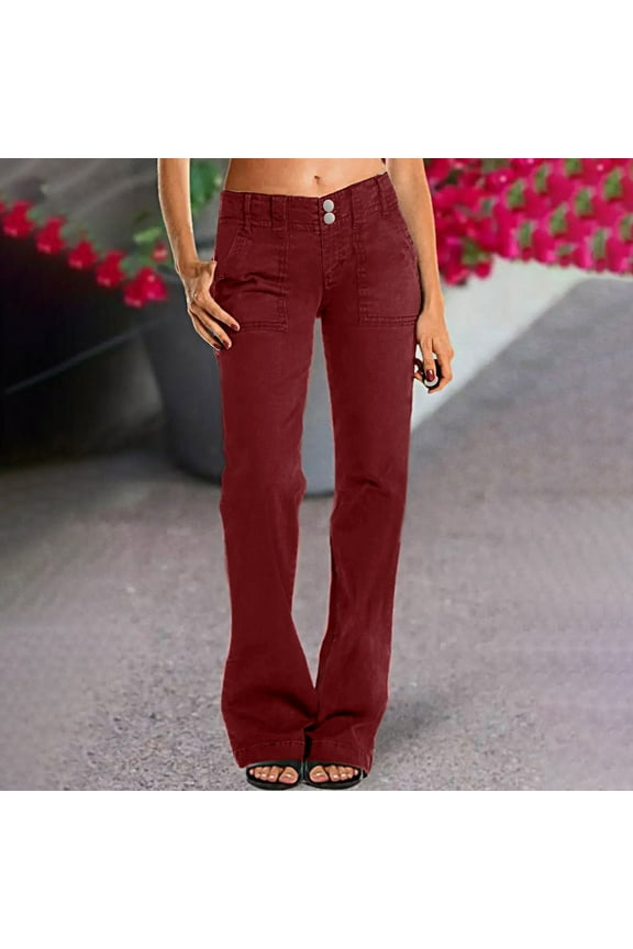 Jjayotai Mid Waist Jeans for Women Clearance, Wid Leg Straight Leg Flare Pants Trendy Straight Leg Corduroy Pants Red M