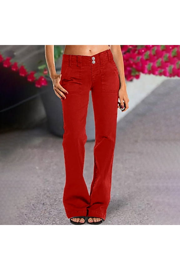 Mid Waist Jeans for Women Clearance, Wid Leg Straight Leg Flare Pants Trendy Straight Leg Corduroy Pants Watermelon Red L