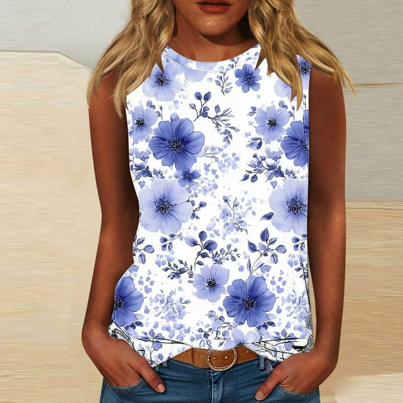 Jjayotai No Boundaris Womens Floral Tank Tops, Crewneck Sleeveless Shirts, Casual Summer Loose Fit Top, Tank Tops for Women Plus Size M