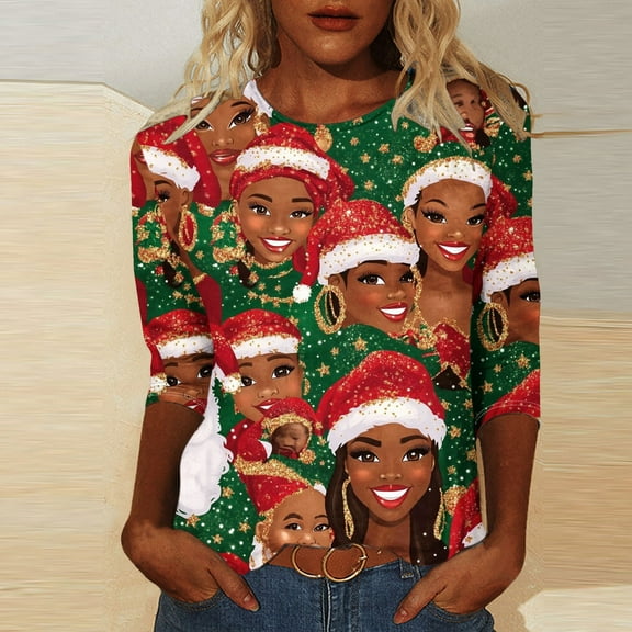 Jjayotai Novelty Christmas Tops for Women, Funny Santa Print Shirt 3/4 Long Sleeve Blouse, Xmas Crewnesk Graphic Pullovers Multicolor XL