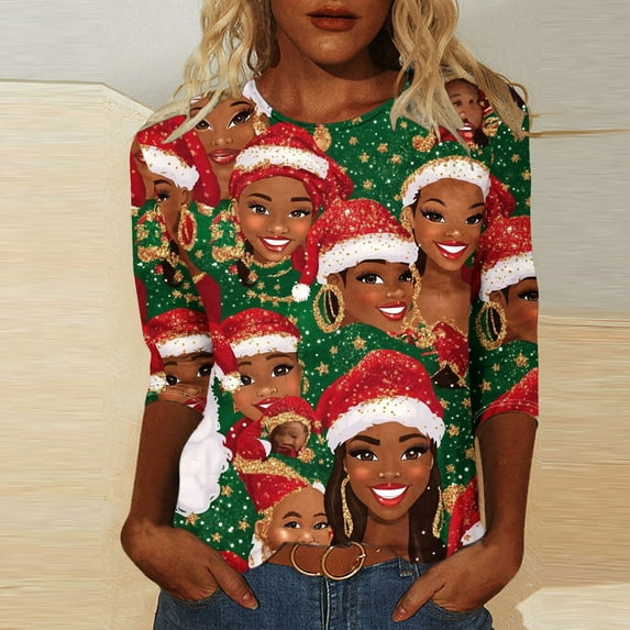 Jjayotai Novelty Christmas Tops for Women, Funny Santa Print Shirt 3/4 Long Sleeve Blouse, Xmas Crewnesk Graphic Pullovers Multicolor XXXL