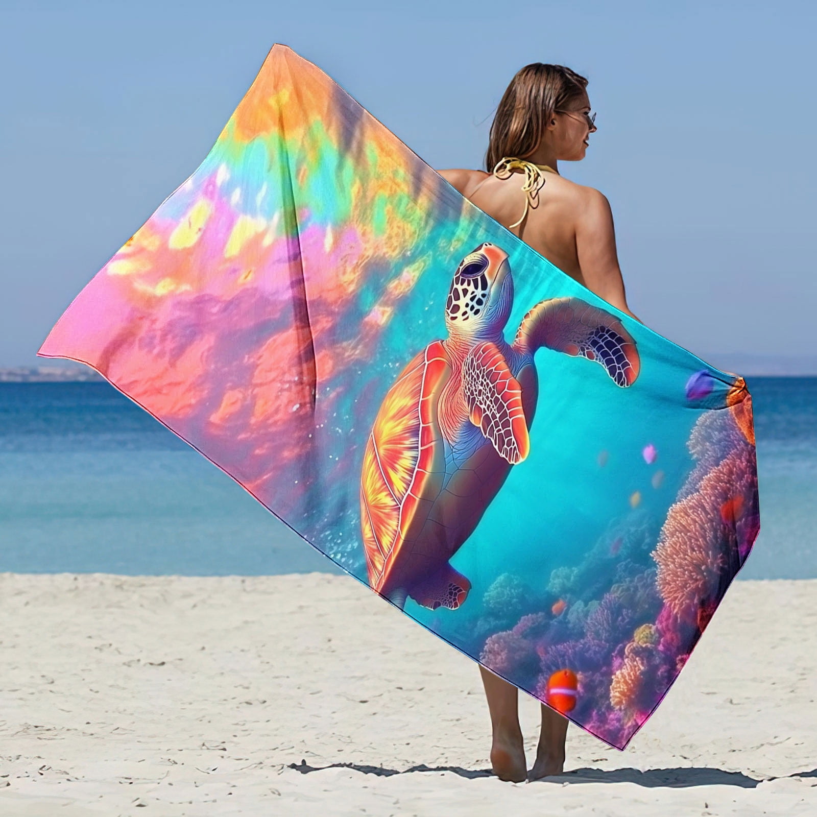 Jjayotai Ocean Turtles Beach Towel, Microfiber Sand Free Colorful