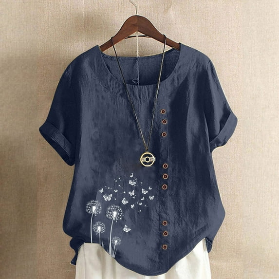 Jjayotai Oversized Crew Neck Linen Tops for Women, Dandelion Butterfly Printed Short Sleeve Cotton Blend Tee Shirts, Womens Summer Tops Plus Size Navy^3 L
