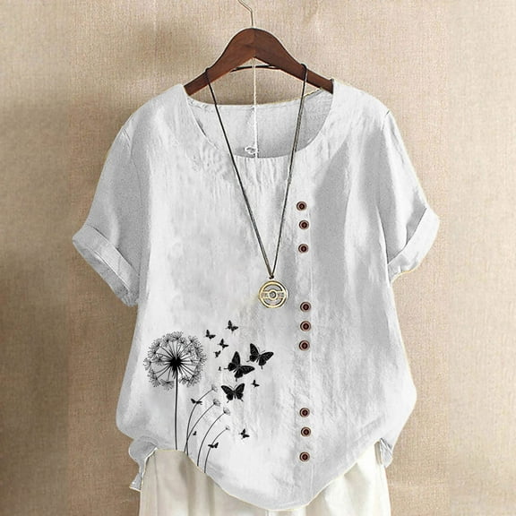 Jjayotai Oversized Crew Neck Linen Tops for Women, Dandelion Butterfly Printed Short Sleeve Cotton Blend Tee Shirts, Womens Summer Tops Plus Size White^ M