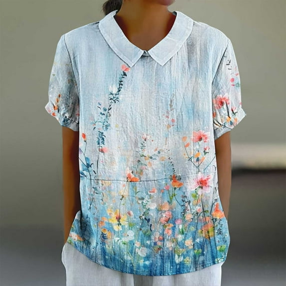 Jjayotai Peter Pan Collar Blouse for Women, Women's Floral Short Sleeve Kawaii Top, Oversized Graphic Tshirts for Women, Y2K Tops, Boho Clothes Multicolor^ XL