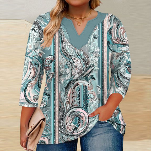 Jjayotai Plus Size Blouses for Women, V Neck T-Shirt, 3/4 Length Sleeve Shirts, Summer Blouse Casual Tees, Womens Boho Tops Light Blue^XXXL