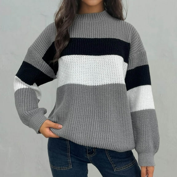 Jjayotai Plus Size Oversized Knitted Sweaters, Womens Striped Color Block Pullover, Warm Sweater, 2024 Long Sleeve Jumper Knit Top Gray S