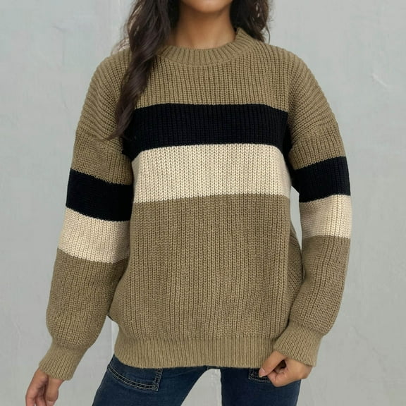 Jjayotai Plus Size Oversized Knitted Sweaters, Womens Striped Color Block Pullover, Warm Sweater, 2024 Long Sleeve Jumper Knit Top Khaki M
