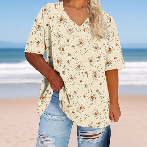 Jjayotai Plus Size T-shirts for Women, Summer V Neck Tunic Tops, Floral Print Women Shirts, Business Casual Workout Tops, Beach Vacation 2025 Gym Clothes Beige^ XXL