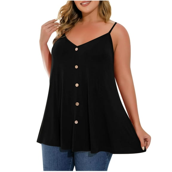 Jjayotai Plus Size Tank Tops for Womens, V Neck T Shirts, Casual Sleeveless Tops and Blouses, Cute Clothes, Loose Fit Tunics, Summer Buttons Cami Adjustable Strap Tank Top 2025 Black^ XXL