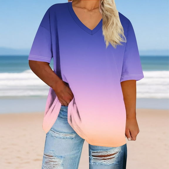 Jjayotai Plus-Size-Tops-for-Women, Summer Loose Fit Short Sleeve Casual V Neck Shirts, Trendy Gradient Color Tees, Ladies Tops and Blouses Hot Pink^ XL