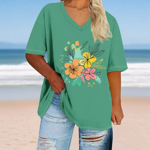 Jjayotai Plus Size Tops for Women, V Neck Short Sleeve Shirts, Cute Womens Blouses, Floral Print Tunic Top Spring Summer 2025 Green^1 XXXXL