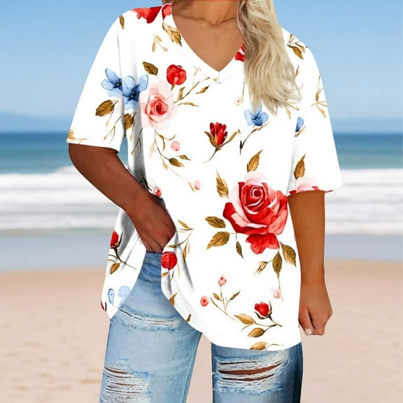 Jjayotai Plus Size Tunic for Women, Short Sleeve Clothes, Loose Fit Clothing, Flowy Shirts, Summer Tops, Oversized Graphic Tshirts for Women White^ XXXXL