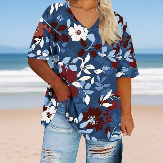 Jjayotai Plus Size Women's T Shirts, V Neck Tops, Short Sleeve Floral Shirts, Blouses Dressy Casual, Loose Fit Lightweight Soft Summer Tee Tops Blue^1 XXL