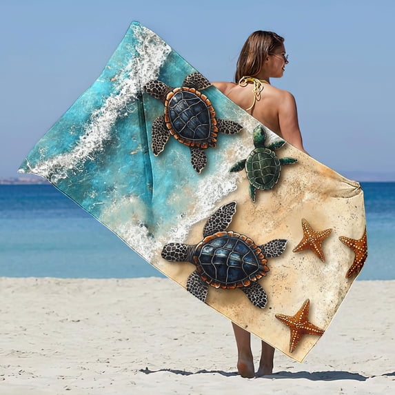 Jjayotai Sea Turtles Starfish Beach Towel, Microfiber Sand Free Colorful Towels for Adults Kids, Quick Dry Ultra Washable Absorbent Reversible Super Soft Pool Travel Swim Bath Shower Towel 29”x 59”