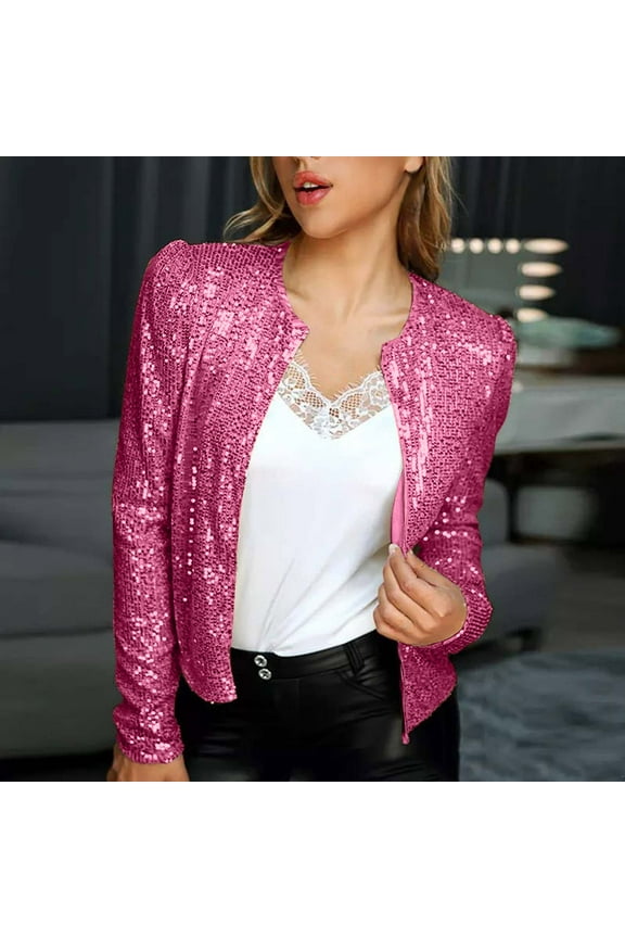Sequin Jacket for Women, Zip up Casual Long Sleeve Cardigan, Sparkle Fashion Shiny Coats, Open Front Short Blazer Hot Pink XXL