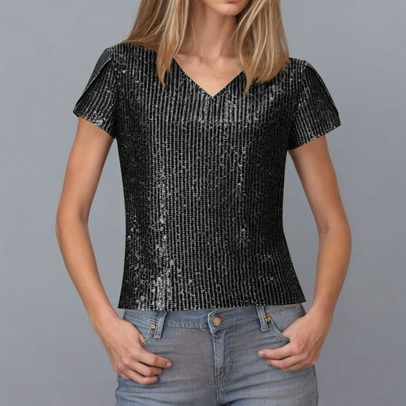 Jjayotai Sequin Tops for Women, Short Sleeve Party Shirts, Shimmer Summer Wedding V Neck Blouse, Glitter Dressy Blouses, Womens Summer Clothes Black^ M
