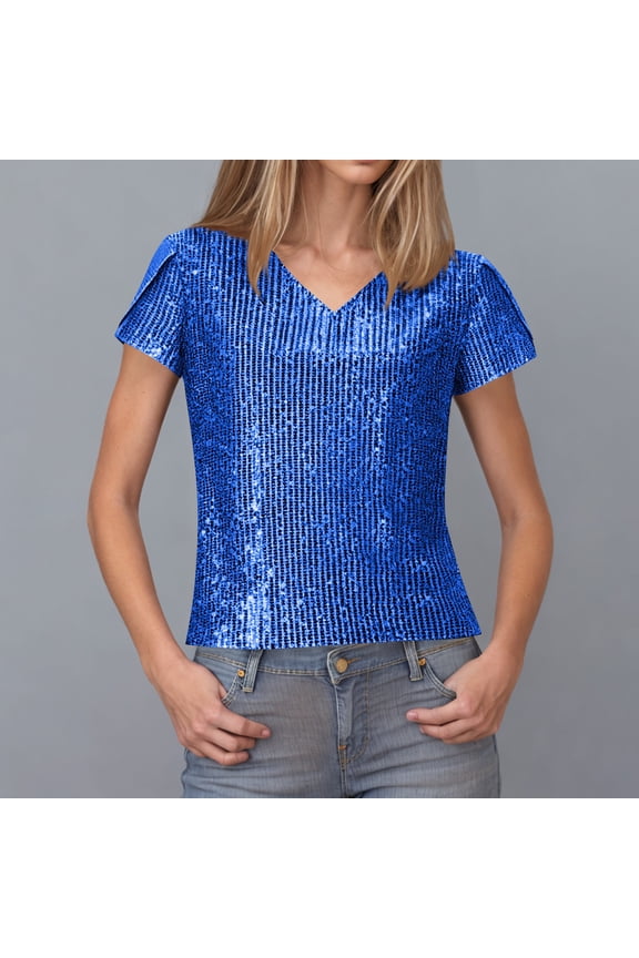 Sequin Tops for Women, Short Sleeve Party Shirts, Shimmer Summer Wedding V Neck Blouse, Glitter Dressy Blouses, Womens Summer Clothes Blue^ XXL