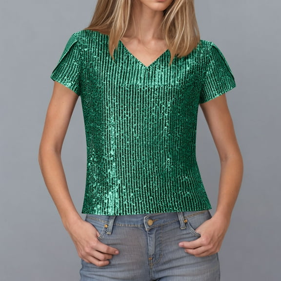 Jjayotai Sequin Tops for Women, Short Sleeve Party Shirts, Shimmer Summer Wedding V Neck Blouse, Glitter Dressy Blouses, Womens Summer Clothes Green^ S