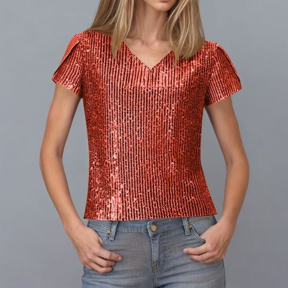 Jjayotai Sequin Tops for Women, Short Sleeve Party Shirts, Shimmer Summer Wedding V Neck Blouse, Glitter Dressy Blouses, Womens Summer Clothes Red^ XL