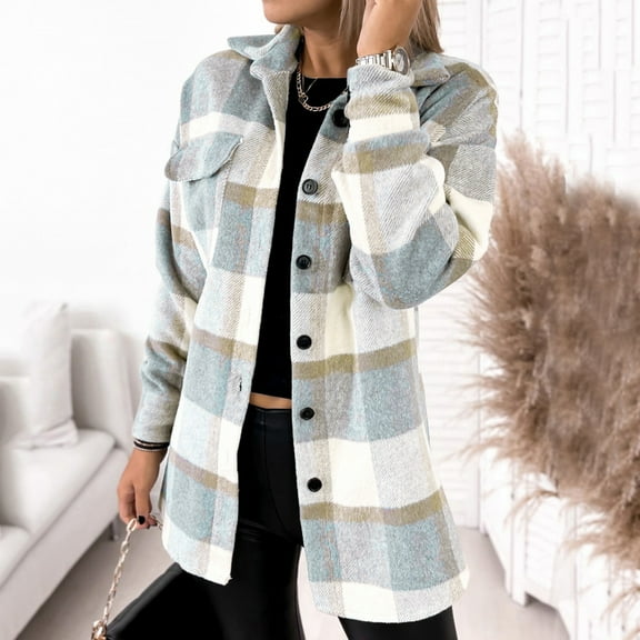 Jjayotai Shacket Jacket for Women, Casual Flannel Plaid Long Sleeve Lapel Button Down Shirts, Fall Wool Blend Coat with Pockets Beige XXL