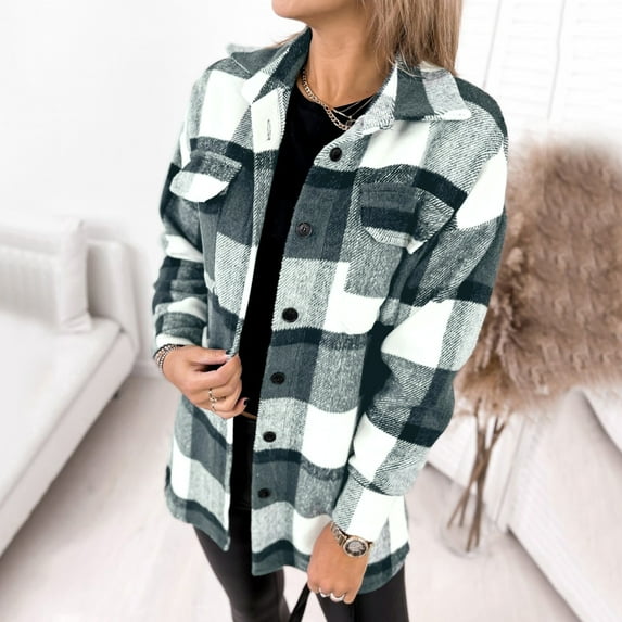 Jjayotai Shacket Jacket for Women, Casual Flannel Plaid Long Sleeve Lapel Button Down Shirts, Fall Wool Blend Coat with Pockets Black XXL