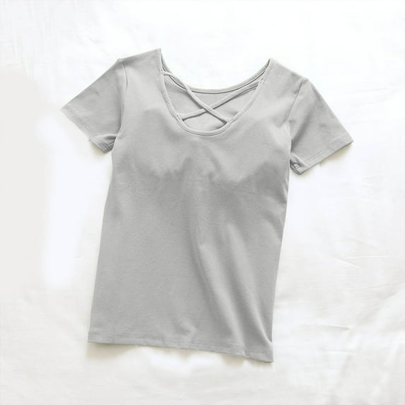 Jjayotai Shirts for Women, Round Neck Tops, Loose Short Sleeve Shirts Solid Tunic Top, Casual Fashion Basic Tee Blouse with Built in Bra Gray^ M