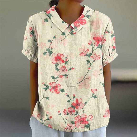 Jjayotai Short Sleeve Linen Blouses for Women, Vintage Casual Loose Fit Cute Summer Tops, Womens Peter Pan Blouse, T Shirts for Women, Floral Tees Multicolor^12 XXXXXL
