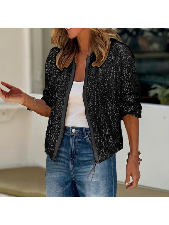 Jjayotai Sparkly Jackets for Women Clearance, Sequin Glitter Fancy Bomber Jacket, Lightweight Zipper Long Sleeve Festive Party Clubwear, 2025 Open Front Coats Black XL