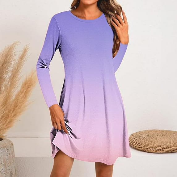 Jjayotai Spring Dresses Clearance, Long Sleeve Round Neck Cute Trendy Casual Sundress, T-Shirt Dress, Plus Size Gradient Swing Dresses for Women Multicolor M