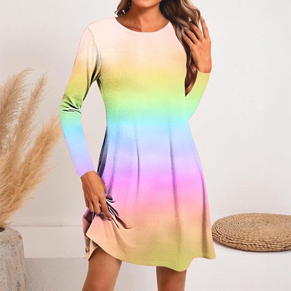 Jjayotai Spring Dresses, Long Sleeve Round Neck Dress, Irregular Hem Casual Dresses, Trendy Rainbow Printed Swing Dress Multicolor-12 M