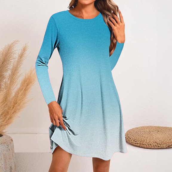 Jjayotai Spring Dresses, Long Sleeve Round Neck Dress, Irregular Hem Casual Gradient Dresses, Trendy Printed Swing Dress Multicolor-14 XL