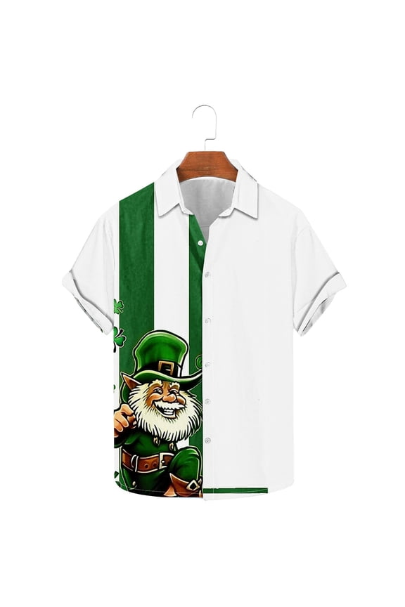 St. Patrick's Day Shirts Plus Size, Mens Short Sleeve Tropical Clover Printed Button Up Shirt, Trendy Mens Spring Tops, Green Irish Outfits Multicolor M