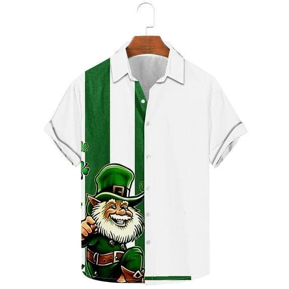 Jjayotai St. Patrick's Day Shirts Plus Size, Mens Short Sleeve Tropical Clover Printed Button Up Shirt, Trendy Mens Spring Tops, Green Irish Outfits Multicolor XXXXL
