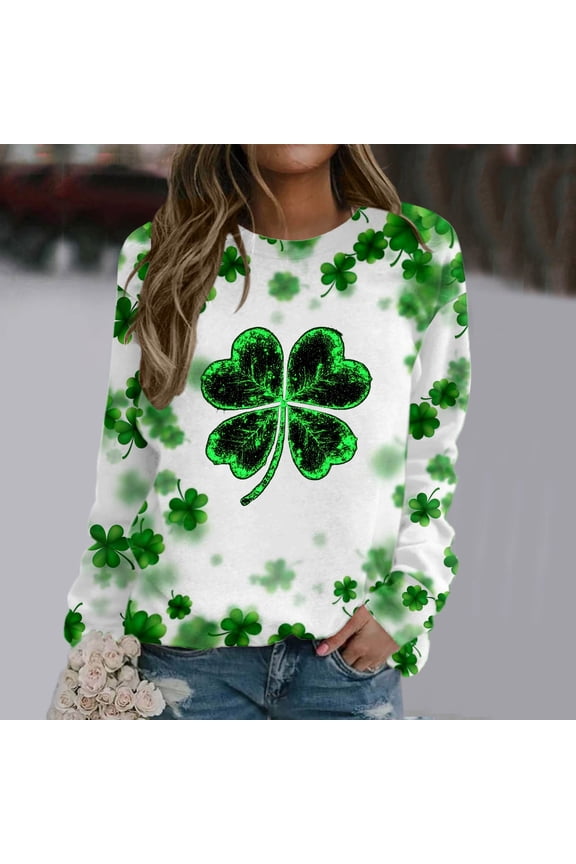 St Patricks Day Sweatshirt for Women Plus Size, Lucky Clover Pullover, Irish Sweatshirts, Saint Patrick's Shamrocks Long Sleeve Shirt Green S