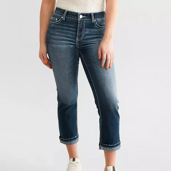 Jjayotai Straight Leg Jeans for Women, Trendy Cropped Mid Waisted Stretchy Capri Jeans with Pockets Blue-6 M