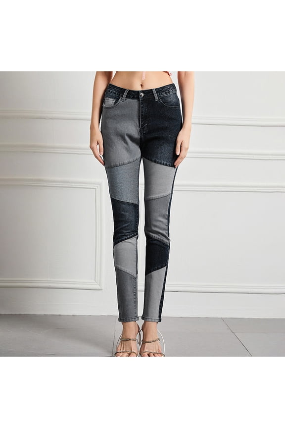 Stretch Patchwork Jeans Denim Pants for Women, High Waisted Skinny Casual Distressed Patch Jegging Black S