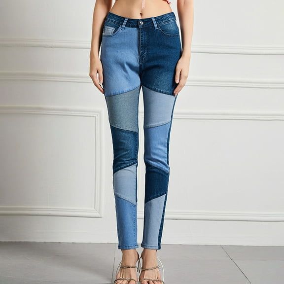Jjayotai Stretch Patchwork Jeans Denim Pants for Women, High Waisted Skinny Casual Distressed Patch Jegging Blue S